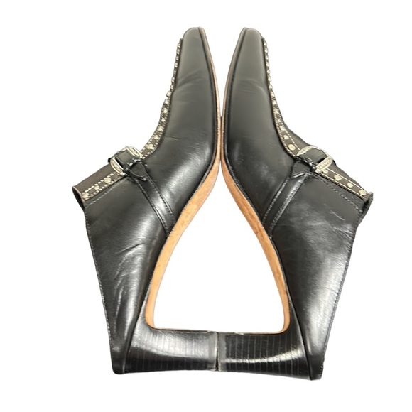 Brighton‎ Shoes Tempe Mules Buckle Studded Black/Chocolate Leather Heeled 8M - Picture 8 of 12